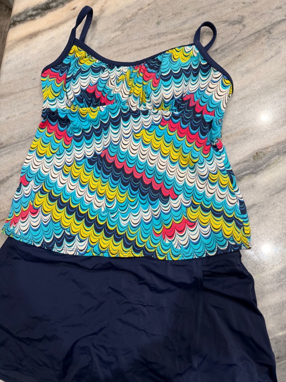 Colorful Wave Print Tankini Top with Navy Skirted Bottoms